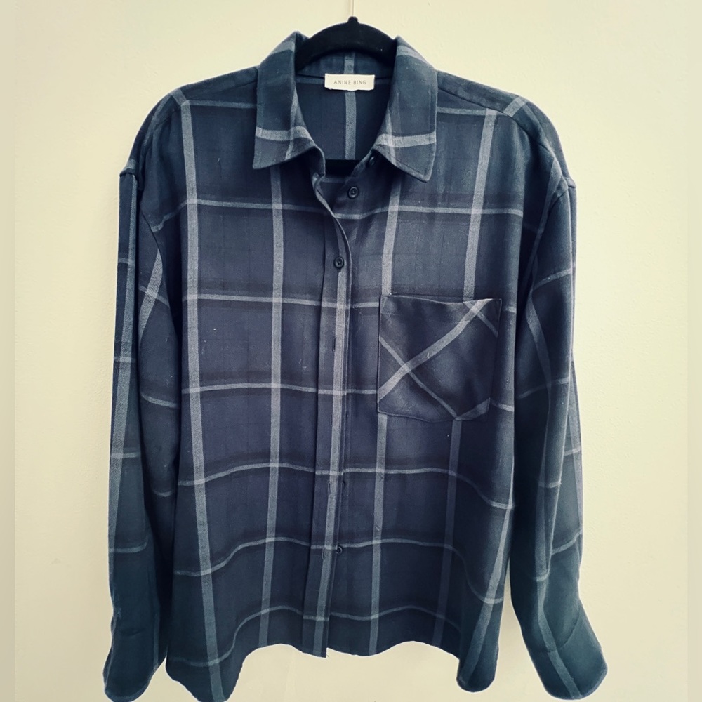 Anine Bing Navy Blue Plaid Flannel-size M